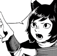 a black and white drawing of a girl with cat ears pointing at something with her finger .