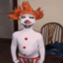 a child dressed as a clown with red hair and red buttons on his chest .