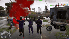 a screenshot of a video game shows a man in a purple outfit holding a gun