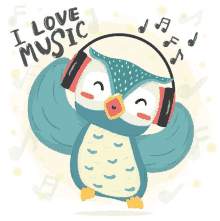 an owl wearing headphones is listening to music .