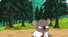 a cartoon of a koala wearing a white shirt and red tie in a forest