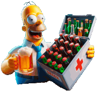 homer simpson is holding a glass of beer and a box of beer