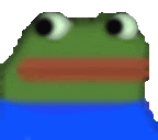 a pixel art of a green frog with a red mouth and a blue shirt .