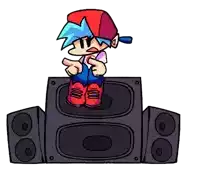 a cartoon boy is sitting on top of a speaker .