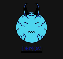 a drawing of a demon with horns and the word demon under it