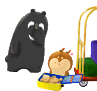 a bear and a deer are standing next to a suitcase