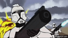 a cartoon of a clone trooper holding a gun and another clone trooper holding a gun .