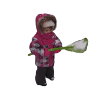 a child wearing a pink jacket and gloves is holding a green broom