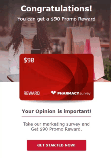 a red pharmacy survey reward card with a woman wearing a face mask