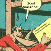 a cartoon of a man reading a book with a speech bubble saying good timezone