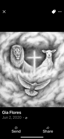 a black and white drawing of a lion and sheep with a cross in the background