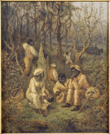 it is a painting of a group of people sitting in the grass .