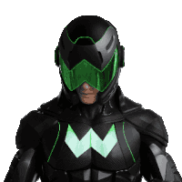 a man in a black superhero suit with green goggles