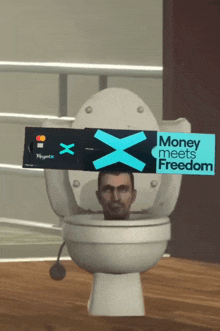 a man is sitting on a toilet with a money meets freedom sign