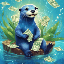 a blue otter is sitting on a log holding a dollar bill