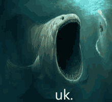 a shark is swimming in the ocean with its mouth open and the word uk below it