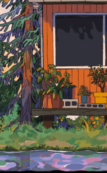 a painting of a house with potted plants outside