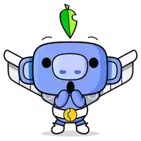 a cartoon drawing of a robot with wings and a green leaf on its head