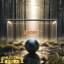 a soccer ball is sitting in front of a goal with the word sbobet on it