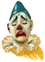 a clown with tears running down his face is wearing a blue hat