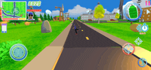 a screenshot of a video game with a man riding a skateboard