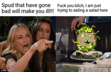 two women are pointing at a picture of a salad with a pixelated face on it