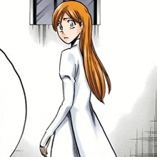 a cartoon girl with long orange hair is standing in front of a window in a white dress .