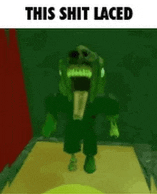 a green monster with headphones on is standing in a dark room with its tongue hanging out .