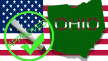 an american flag with the state of ohio and a green check mark