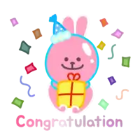 a pink bunny with a party hat is holding a gift and the word congratulation is below it