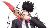 a man in a suit and tie holds a red sword in his hand