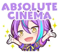 a sticker of a girl with purple hair and the words absolute cinema above her