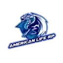 a logo for american life rp with a dragon on a blue background .