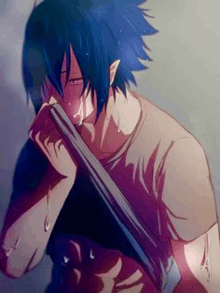 a man with blue hair is holding a towel over his shoulder and crying .