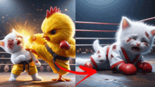 a picture of a chicken and a picture of a cat in a boxing ring