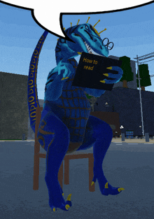 a dinosaur is sitting in a chair reading a book titled how to read