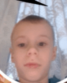 a close up of a young boy 's face with a blurred background .