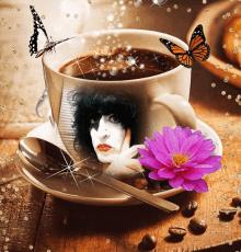 a cup of coffee on a saucer with a purple flower and butterflies