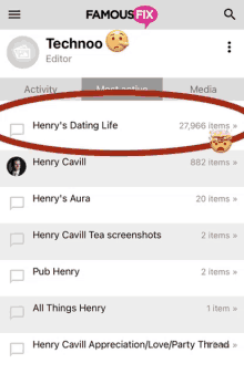 a screenshot of the famousfix app showing henry 's dating life and henry 's aura