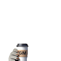 a white cup with a brown gm sleeve