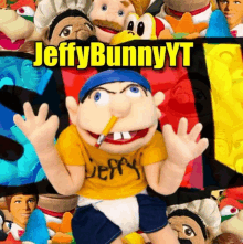 a poster for jeffy bunny yt shows a puppet smoking a cigarette