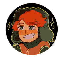 a drawing of a person with red hair and green ear muffs