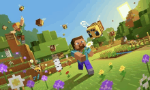 a man holding a flower is surrounded by bees in a minecraft scene