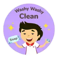 a cartoon of a boy holding a soap bar with the words " washy washy clean " above him