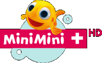 a logo for mini mini + hd with a yellow fish on it