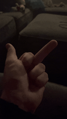 a person 's hand is making a middle finger gesture in a dark room