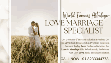 a poster for world famous astrologer love marriage specialist shows a man and woman hugging in a field