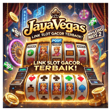 an advertisement for jaya vegas shows a slot machine and coins