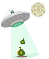 a cartoon illustration of an ufo stealing money from a bag with a dollar sign on it