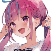 a girl with pink hair and blue ribbons in her hair is holding her hair in pigtails .